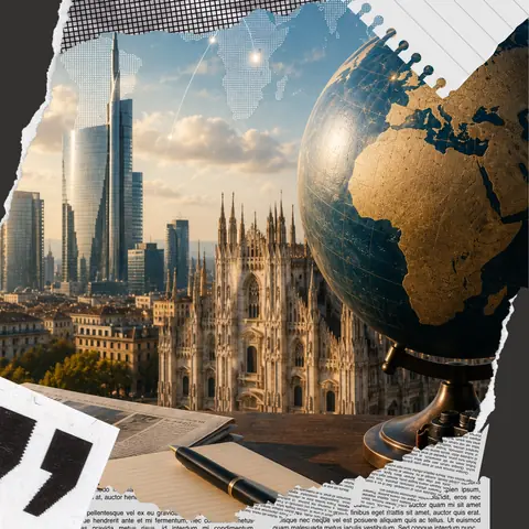 Collage di Milano con il Duomo, la Torre Unicredit e un globo terrestre.